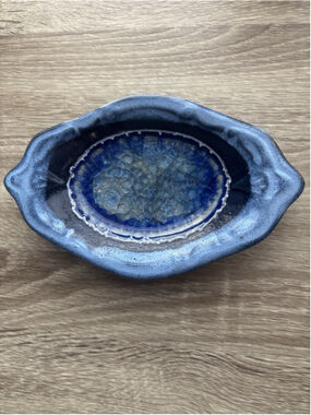 Clay Glazed Fired With Blue Glass Trinket Decor Ring Dish USA Made Hand Thrown